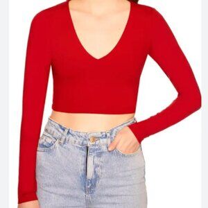 Bozzolo V-Neck Long Sleeve Crop Top Red Ribbed L